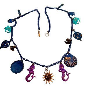 Whimsy Sea Life Necklace Crab Mermaid Shell Frog Sun Purple Chain Beach